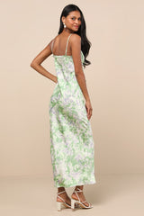 Valentina Green Multi Abstract Satin Ruffled Maxi Dress