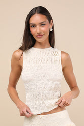 Wes Cream Lace Smocked Tank Top