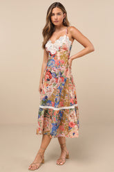 Ardith Light Pink Multi Floral Lace Tie-Strap Midi Dress