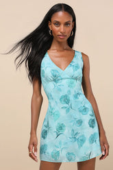 Jaziel Aqua Blue Floral Sleeveless Mini Dress