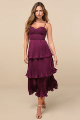 Cascading Crush Plum Purple Tiered Bustier Midi Dress