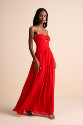 Rozala Bright Red Pleated Strapless Maxi Dress