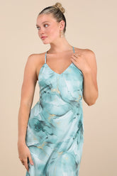 Bright Charm Light Blue Abstract Print Chiffon Slip Midi Dress