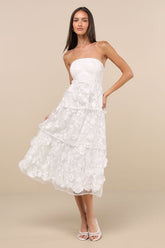 Pomina White 3D Floral Appliques Tiered Midi Dress