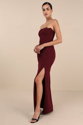 Memorably Iconic Burgundy Strapless Lace Bustier Maxi Dress