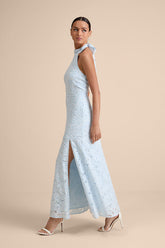 Vaelyn Light Blue Crochet Lace Halter Maxi Dress