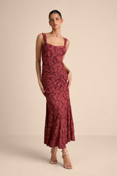 Celeste Rust Red Floral Burnout Bustier Maxi Dress