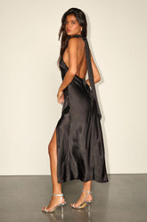 Exceptional Status Black Halter Backless Slip Midi Dress