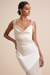 Enara Cream Satin Mesh Tie-Strap Asymmetrical Midi Dress