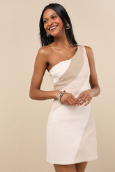 Tara Ivory Color Block One-Shoulder Mini Dress