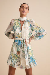 Ayame Ivory Floral Swiss Dot Balloon Sleeve Mini Dress