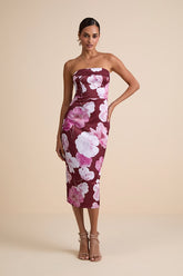 Oriana Burgundy Floral Satin Strapless Midi Dress
