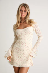 Ornella Cream Floral Textured Long Sleeve Mini Dress