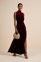 Classic Elegance Wine Red Velvet Sleeveless Mock Neck Maxi Dress