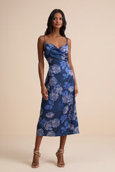 Favorite Icon Dark Blue Floral Satin Cowl Neck Slip Midi Dress