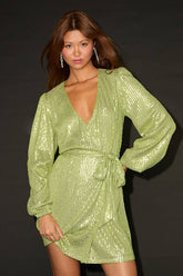Sparkly Darling Chartreuse Sequin Long Sleeve Wrap Dress