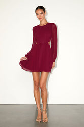 Garden Bliss Wine Red Long Sleeve Cutout Mini Dress