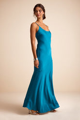 Riyona Aqua Blue Satin Seamed Sleeveless Maxi Dress