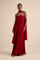 Lael Dark Red Pleated Strapless Dress and Scarf Set