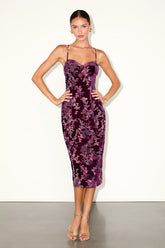 Moody Allure Plum Floral Velvet Burnout Lace-Up Midi Dress