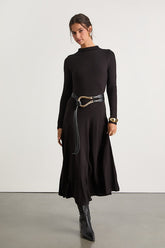 Corinne Black Jersey Knit Mock Neck Midi Dress