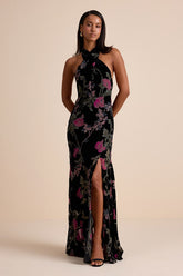 Flawlessly Gorgeous Black Burnout Floral Halter Maxi Dress