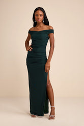 Scotia Dark Green Mesh Ruched Off-the-Shoulder Maxi Dress