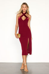 Rossie Dark Red Cross-Front Halter Midi Dress