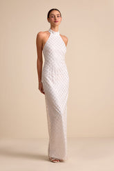 Novalea White Sequin Halter Maxi Dress