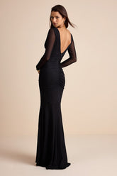 Georgina Black Jersey Knit Ruched Mermaid Maxi Dress