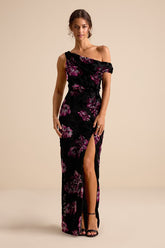 Marnella Black Floral Velvet Burnout Asymmetrical Maxi Dress