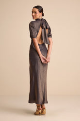 Talira Dark Taupe Satin Lurex Mock Neck Cutout Maxi Dress