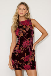 Taslin Burgundy Floral Burnout Velvet Sleeveless Mini Dress