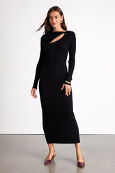 Mattea Black Ribbed Cutout Long Sleeve Sweater Midi Dress