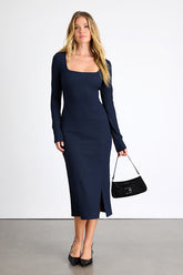Austine Navy Textured Knit Long Sleeve Midi Dress