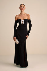 Lawton Black Off-the-Shoulder Notched Bow Maxi Dress