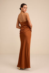 Verbena Bronze Satin Draped Strapless Maxi Dress