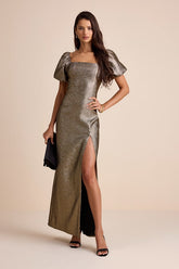 Celestina Bronze Lurex Puff Sleeve Mermaid Maxi Dress