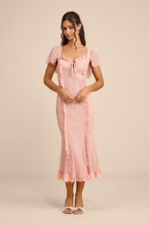 Aviara Light Pink Lace Ruffled Flutter Sleeve Midi Dress