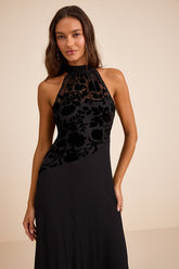 Lovella Black Velvet Burnout Chiffon Maxi Dress