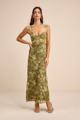 Endlessly Cute Green Floral Mesh Cutout Lace Bustier Maxi Dress