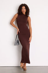 Anca Brown Sleeveless Mock Neck Bodycon Maxi Dress