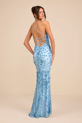 Photo Finish Light Blue Sequin Lace-Up Maxi Dress