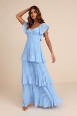 Notorious Charm Light Blue Pleated Flutter Sleeve Maxi Dress