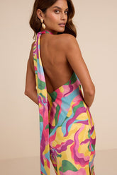 Glowing Presence Yellow Multi Abstract Satin Halter Maxi Dress