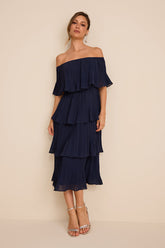 Gala Ready Navy Blue Off-the-Shoulder Ruffle Midi Dress