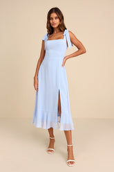 Summer Invite Light Blue Tie-Strap Tiered Midi Dress
