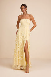 Rare Presence Light Yellow 3D Floral Embroidered Maxi Dress