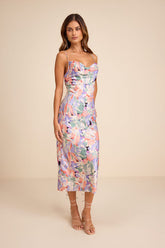Favorite Icon Lavender Floral Satin Cowl Neck Slip Midi Dress
