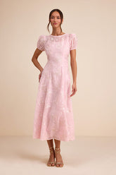 Elfrieda Blush Floral Embroidered Puff Sleeve Midi Dress